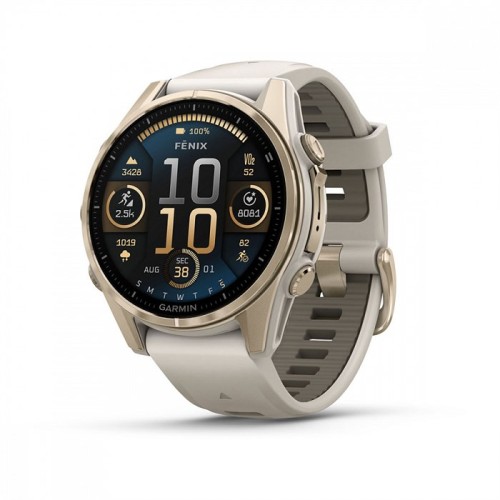 Часы Garmin Fenix 8, 43 мм, AMOLED, Sapphire Soft Gold with fog Gray/Dark sandstone silicone band